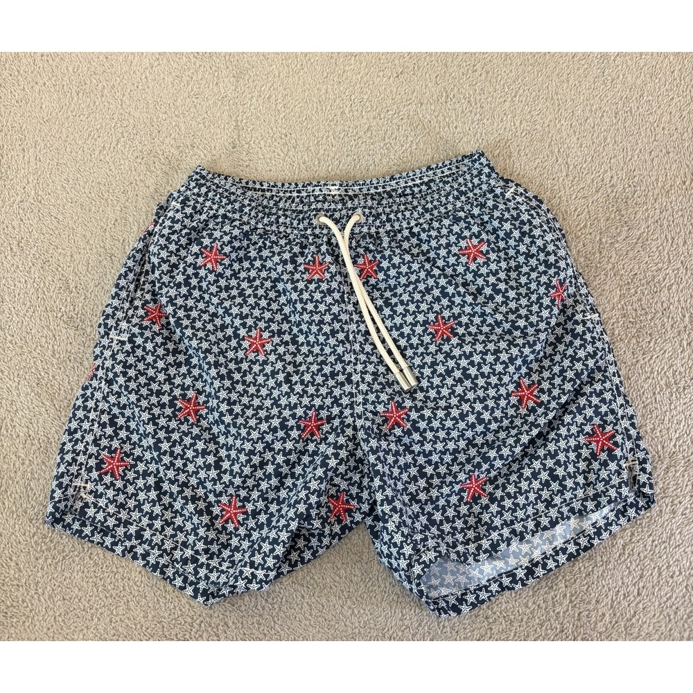 MC2 Saint Barth Men's Small Starfish Print Swim Trunks Navy Blue Red White Italy